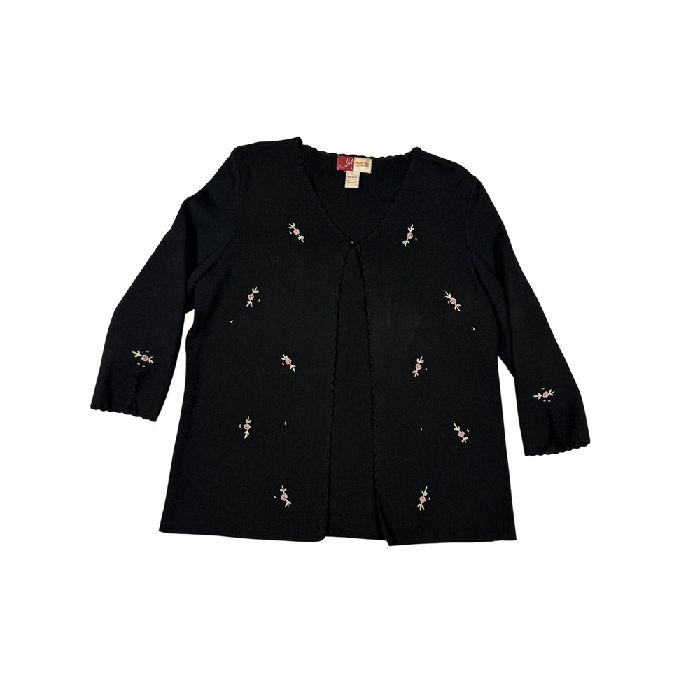 VTG JM Collection Floral Cardigan Womens Med Black Embroidered Cottagecore 90s